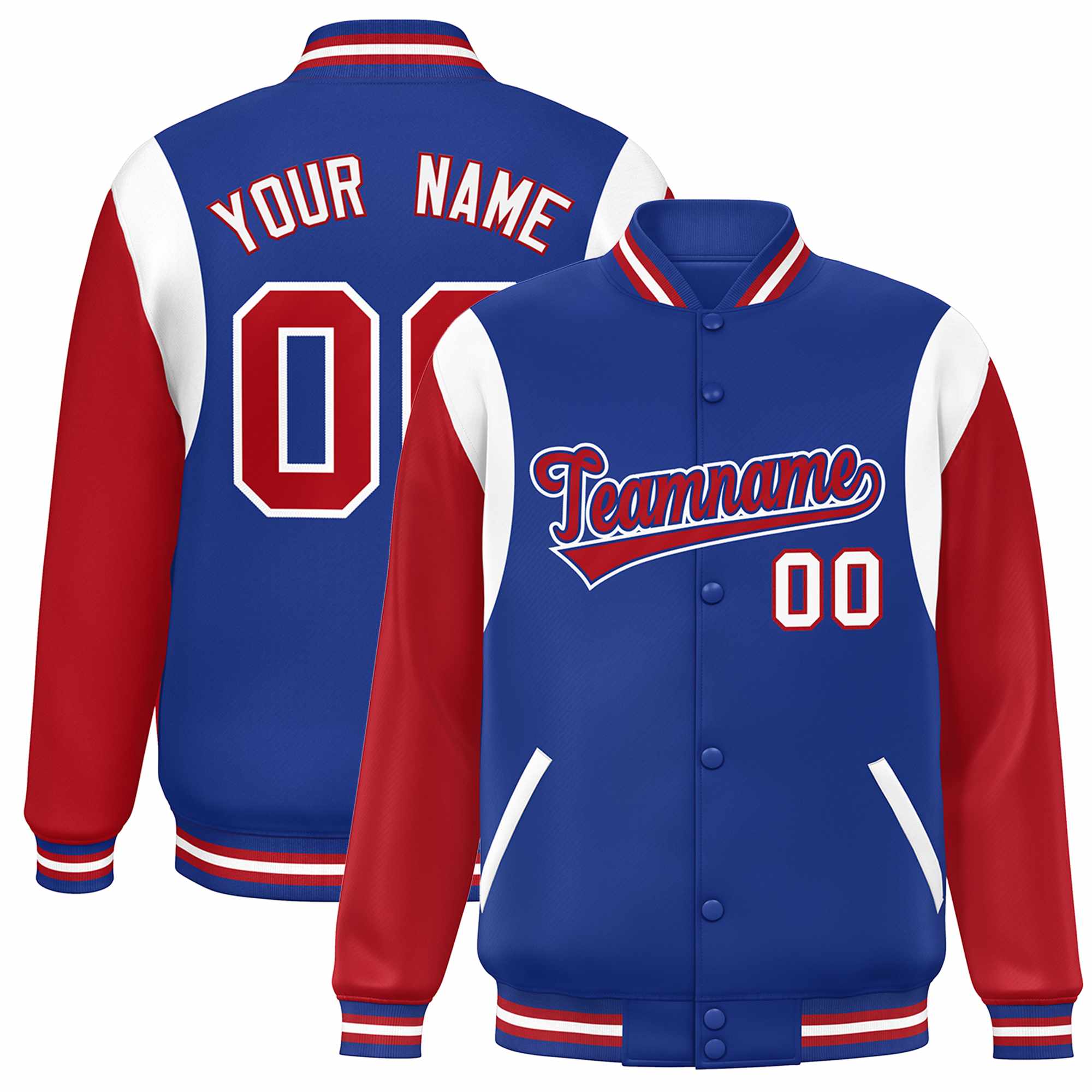 Custom Royal Red-White Color Block Bomber Varsity Full-Snap Baseball Jacket