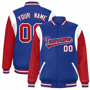 Custom Royal Red-White Color Block Bomber Varsity Full-Snap Baseball Jacket