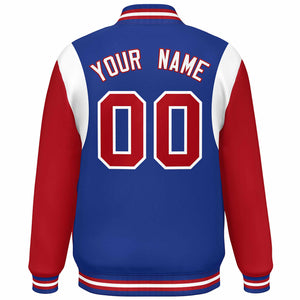 Custom Royal Red-White Color Block Bomber Varsity Full-Snap Baseball Jacket