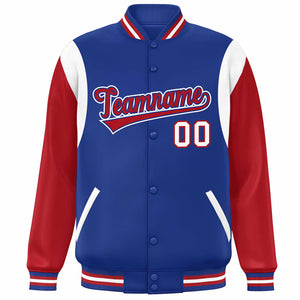 Custom Royal Red-White Color Block Bomber Varsity Full-Snap Baseball Jacket