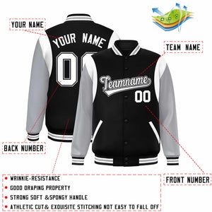 Custom Black Gray-White Color Block Bomber Varsity Full-Snap Baseball Jacket