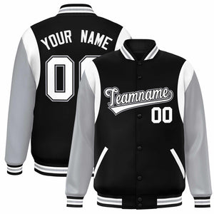 Custom Black Gray-White Color Block Bomber Varsity Full-Snap Baseball Jacket