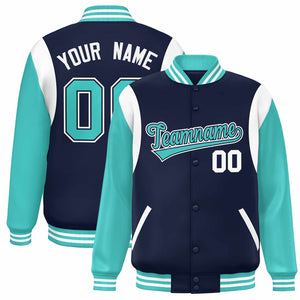 Custom Navy Aqua-White Color Block Bomber Varsity Full-Snap Baseball Jacket