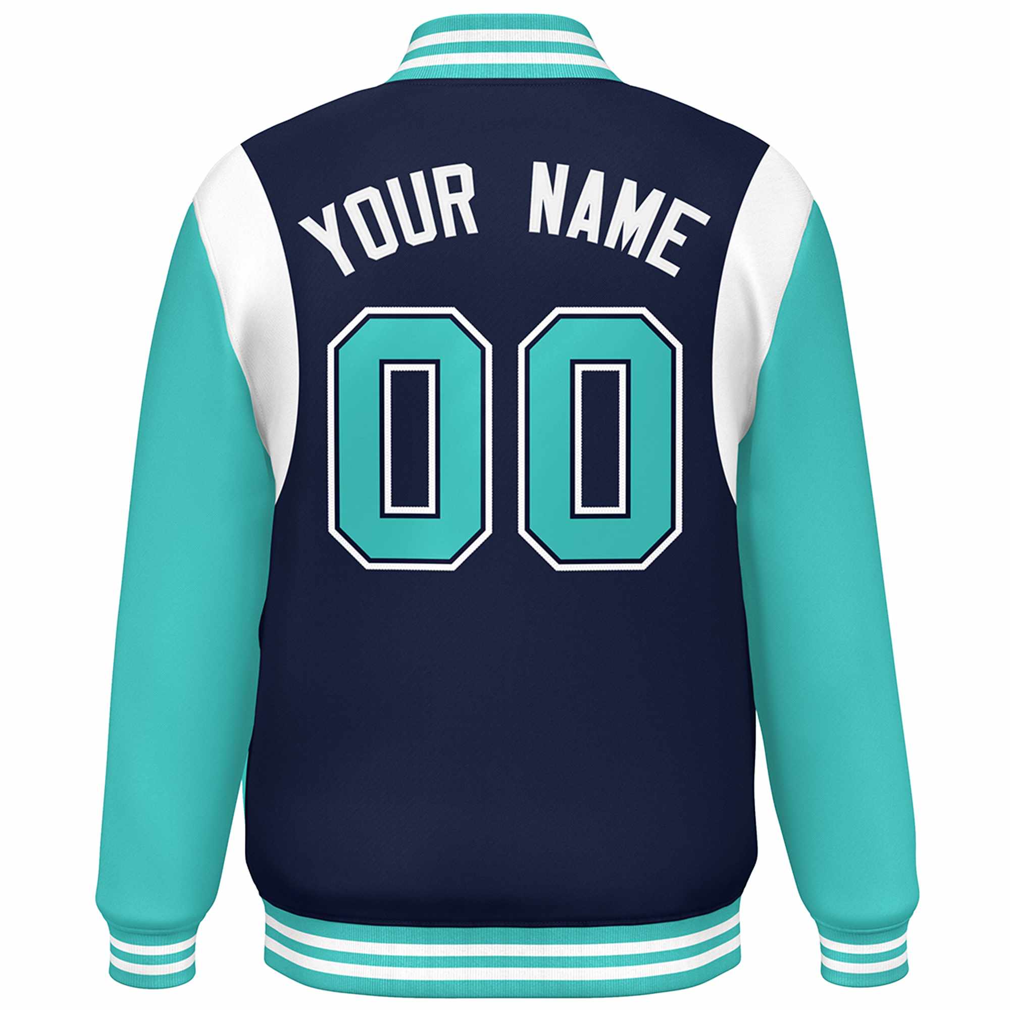 Custom Navy Aqua-White Color Block Bomber Varsity Full-Snap Baseball Jacket