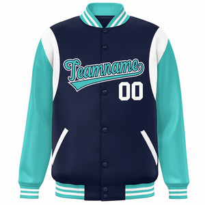 Custom Navy Aqua-White Color Block Bomber Varsity Full-Snap Baseball Jacket