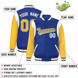 Custom Royal Yellow-White Color Block Bomber Varsity Full-Snap Baseball Jacket