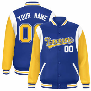 Custom Royal Yellow-White Color Block Bomber Varsity Full-Snap Baseball Jacket