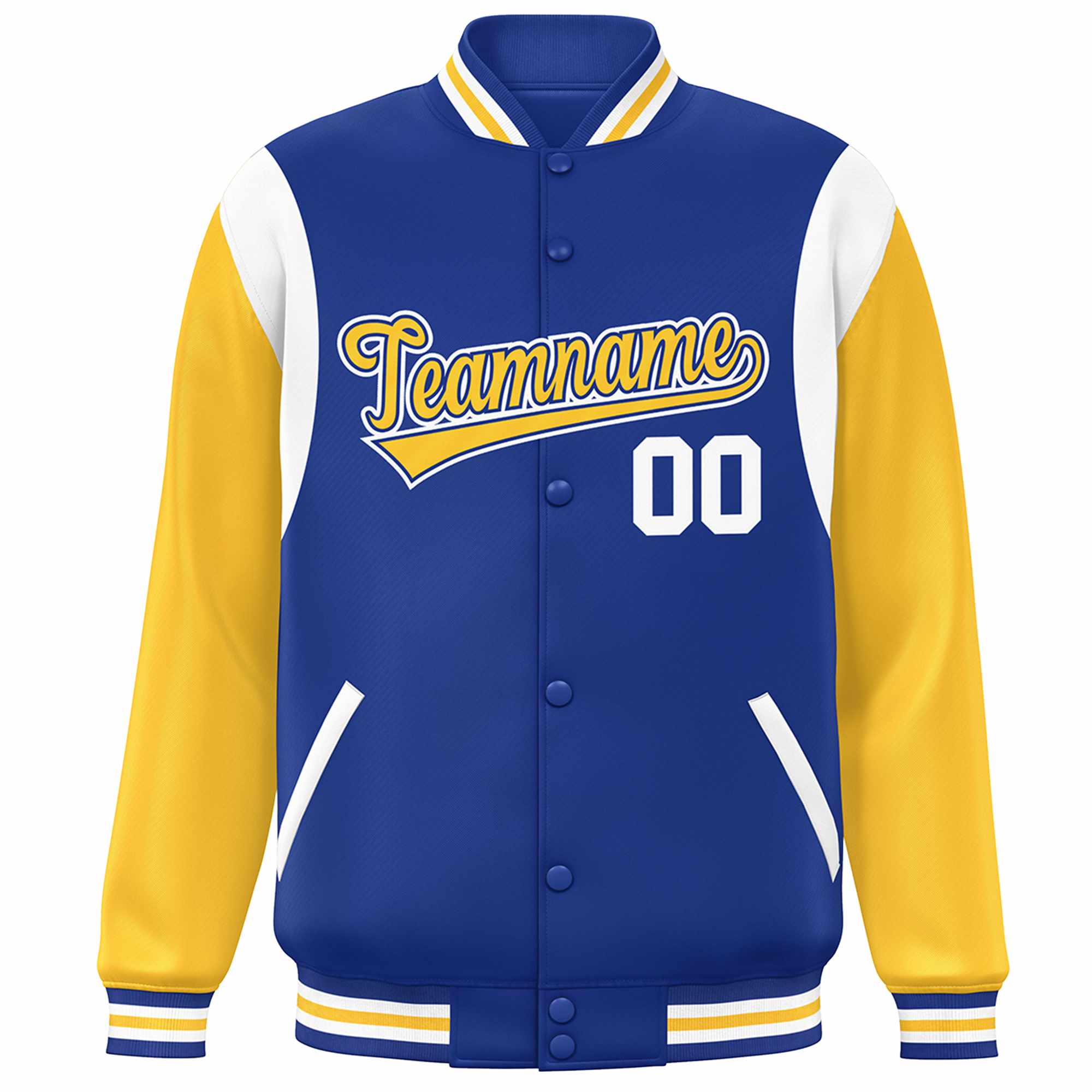 Custom Royal Yellow-White Color Block Bomber Varsity Full-Snap Baseball Jacket