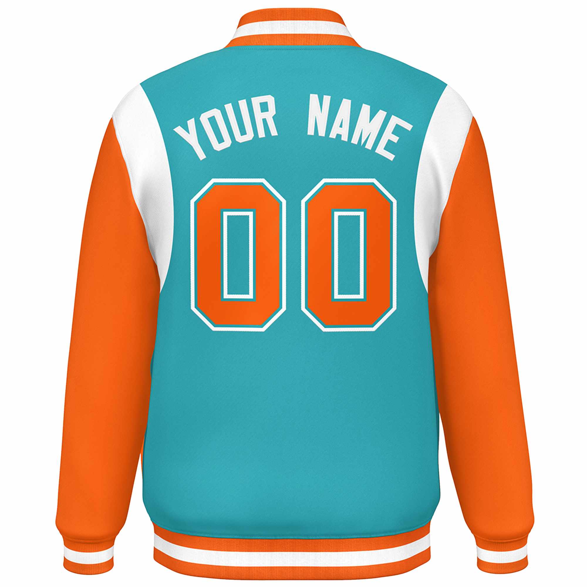 Custom Aqua Orange-White Color Block Bomber Varsity Full-Snap Baseball Jacket