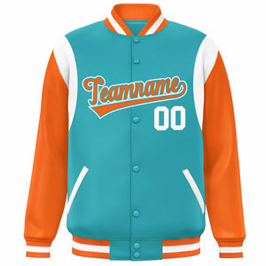 Custom Aqua Orange-White Color Block Bomber Varsity Full-Snap Baseball Jacket