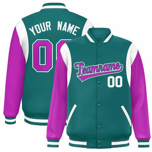 Custom Aqua Purple-White Color Block Bomber Varsity Full-Snap Baseball Jacket