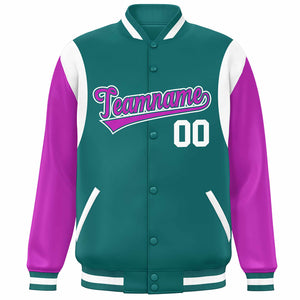 Custom Aqua Purple-White Color Block Bomber Varsity Full-Snap Baseball Jacket