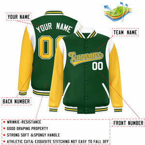 Custom Green Yellow-White Color Block Bomber Varsity Full-Snap Baseball Jacket