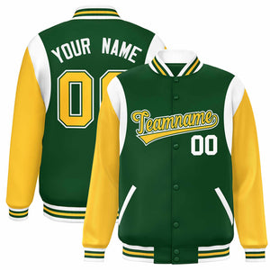 Custom Green Yellow-White Color Block Bomber Varsity Full-Snap Baseball Jacket