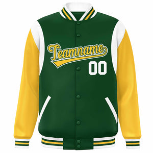 Custom Green Yellow-White Color Block Bomber Varsity Full-Snap Baseball Jacket