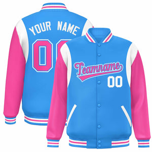 Custom Powder Blue Pink-White Color Block Bomber Varsity Full-Snap Baseball Jacket