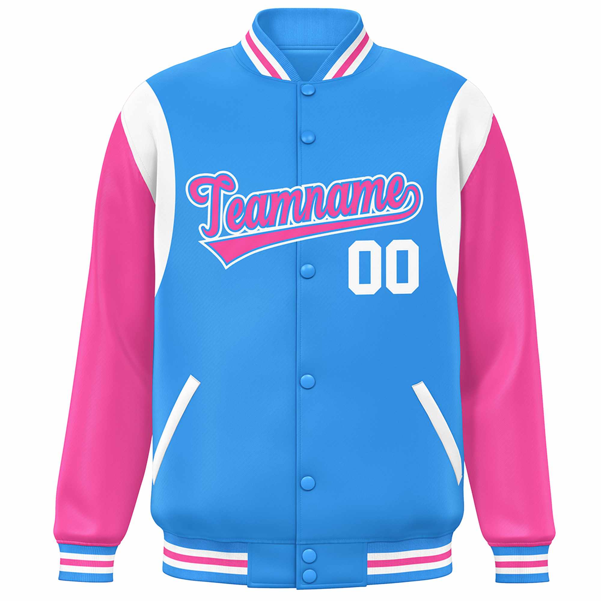 Custom Powder Blue Pink-White Color Block Bomber Varsity Full-Snap Baseball Jacket