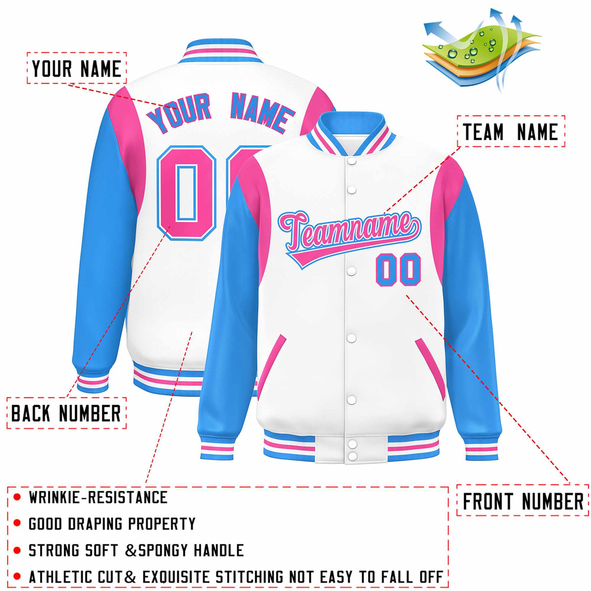 Custom White Powder Blue-Pink Color Block Bomber Varsity Full-Snap Baseball Jacket