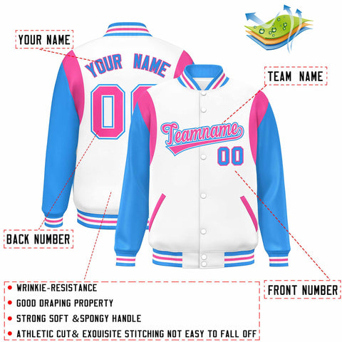 Custom White Powder Blue-Pink Color Block Bomber Varsity Full-Snap Baseball Jacket