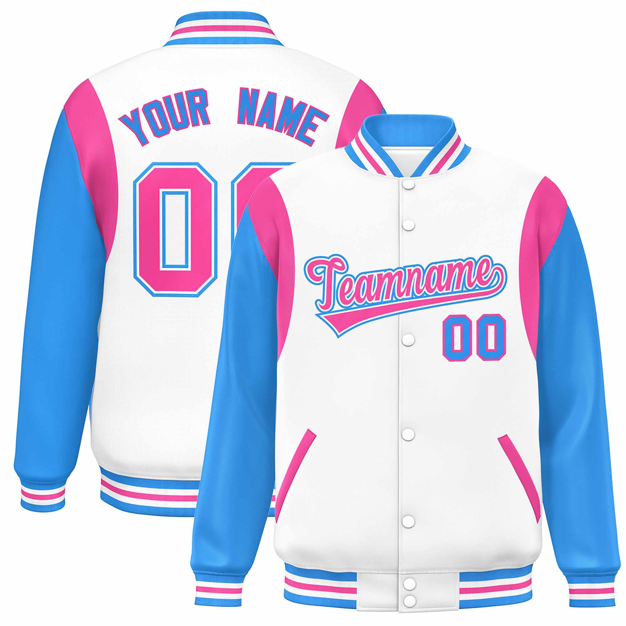 Custom White Powder Blue-Pink Color Block Bomber Varsity Full-Snap Baseball Jacket