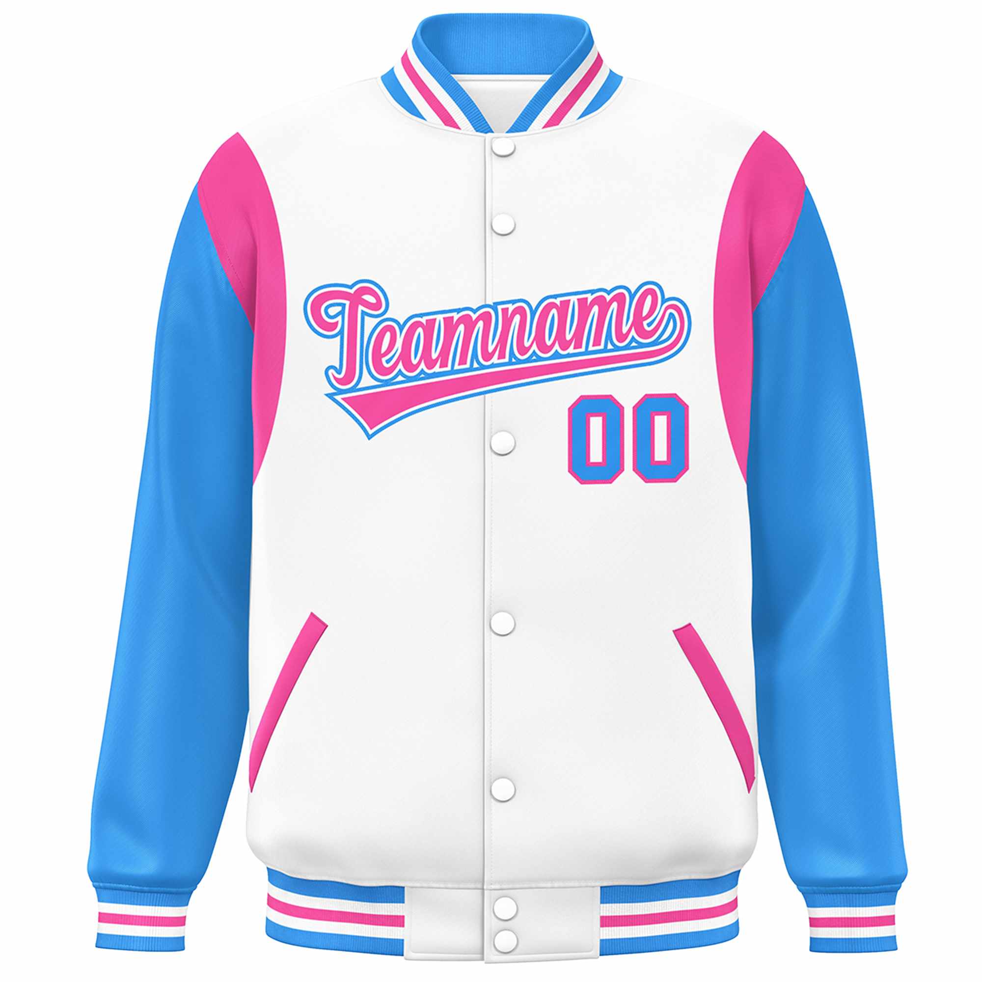 Custom White Powder Blue-Pink Color Block Bomber Varsity Full-Snap Baseball Jacket