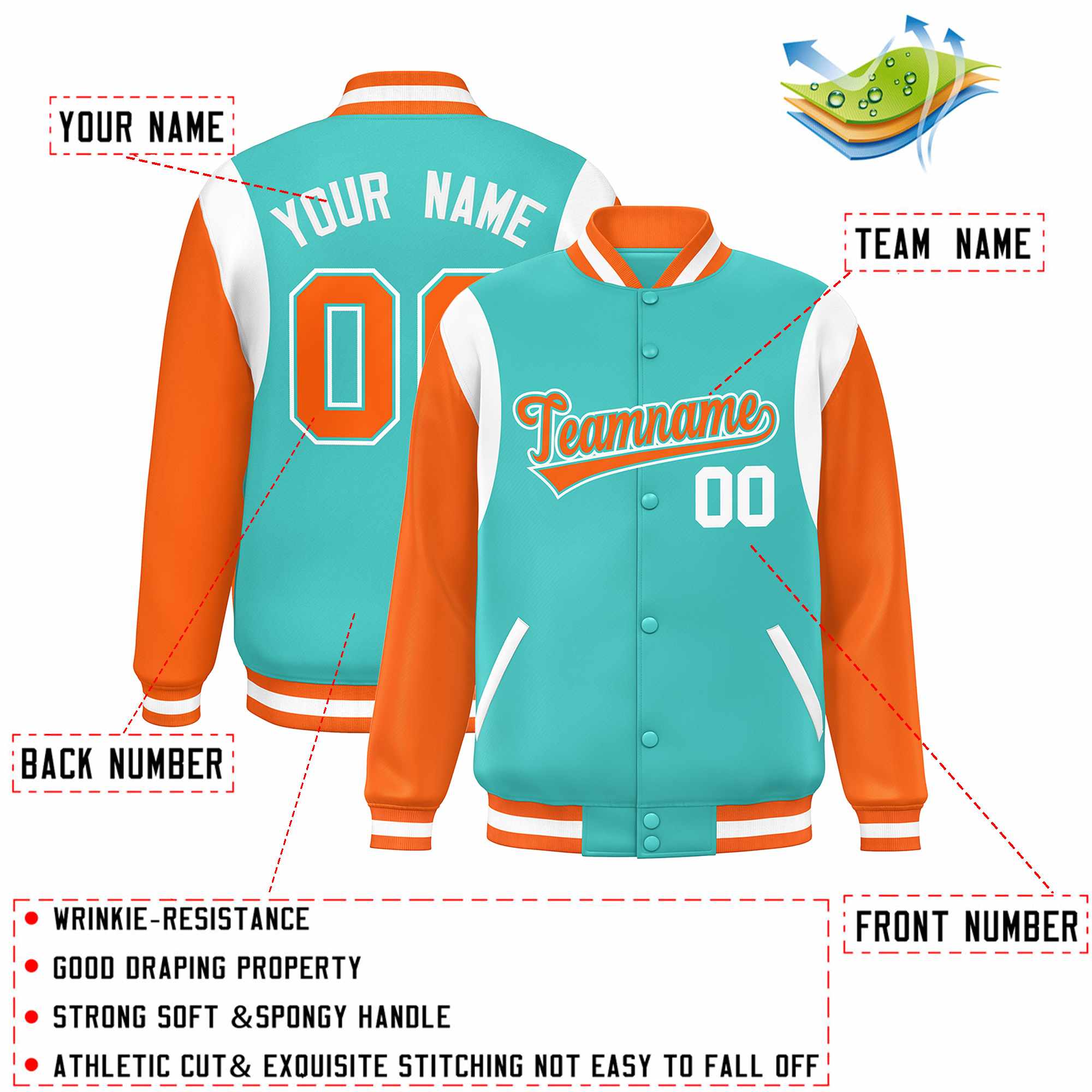 Custom Aqua Orange-White Color Block Bomber Varsity Full-Snap Baseball Jacket