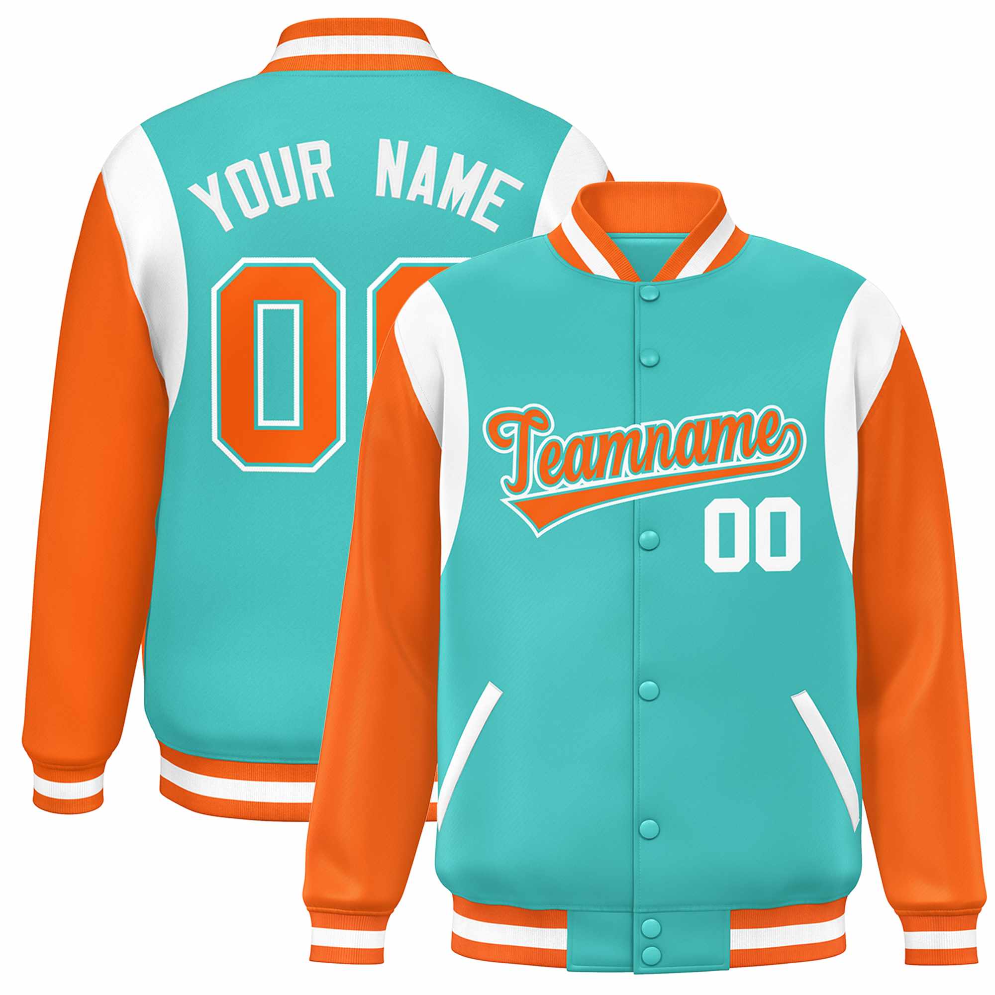 Custom Aqua Orange-White Color Block Bomber Varsity Full-Snap Baseball Jacket