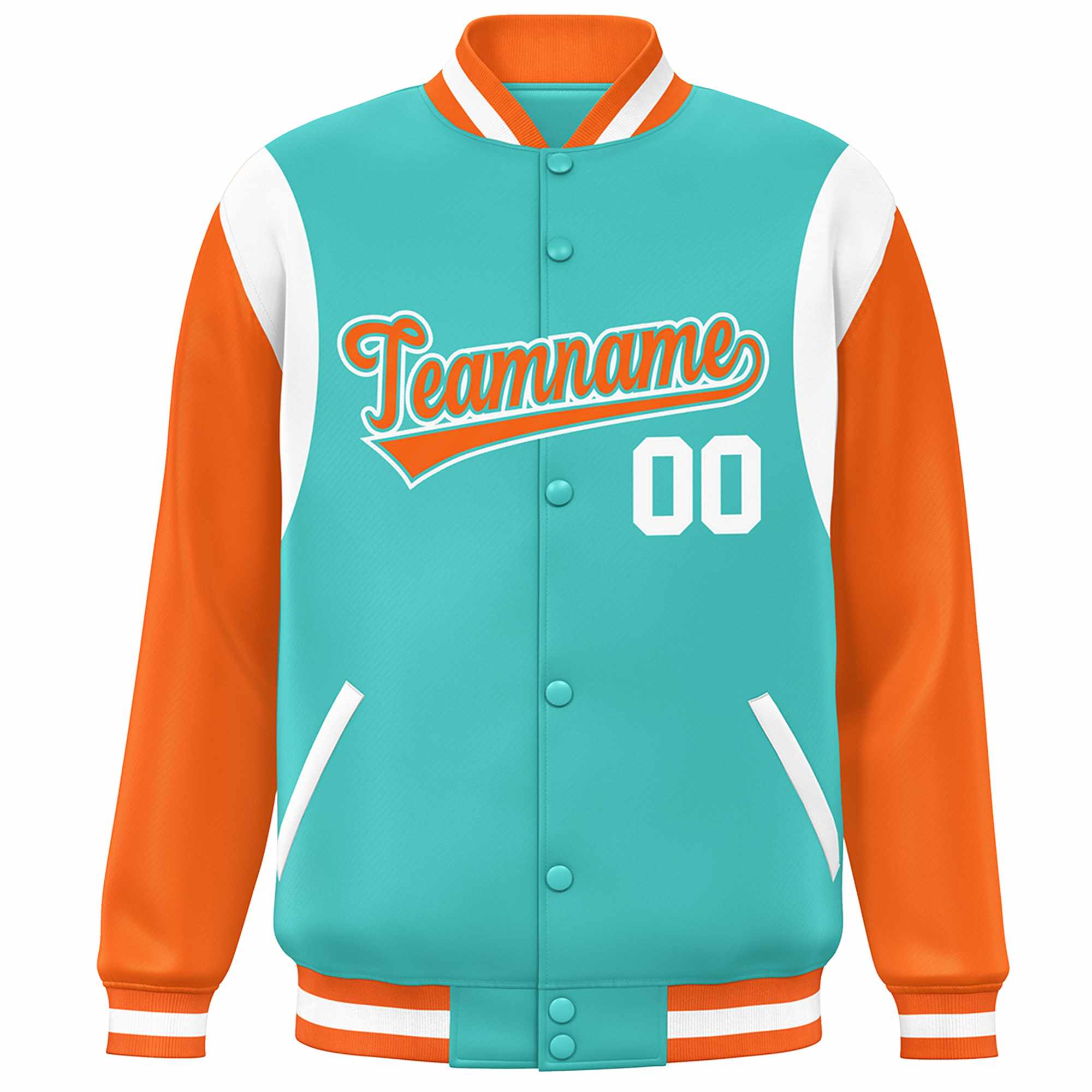 Custom Aqua Orange-White Color Block Bomber Varsity Full-Snap Baseball Jacket