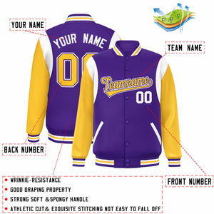 Custom Purple Yellow-White Color Block Bomber Varsity Full-Snap Baseball Jacket