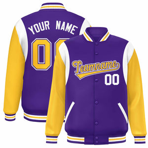 Custom Purple Yellow-White Color Block Bomber Varsity Full-Snap Baseball Jacket