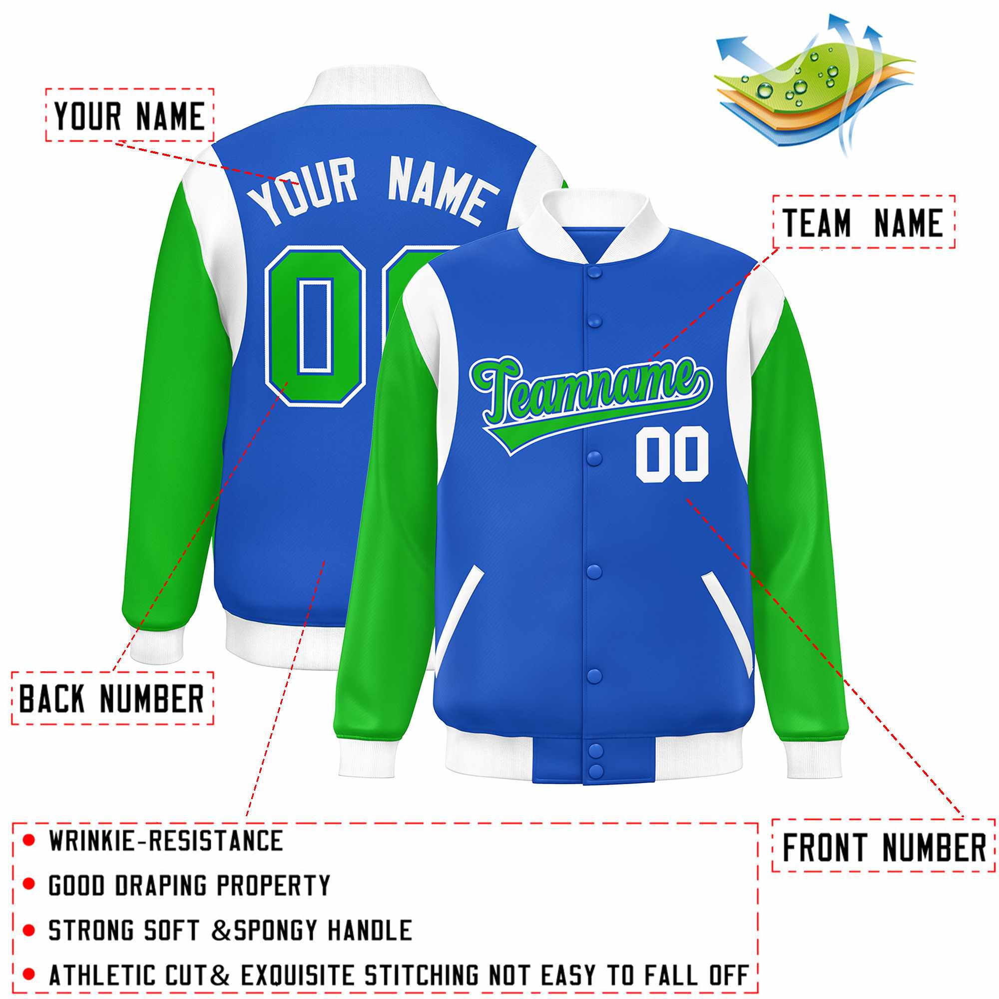 Custom Blue Kelly Green-White Color Block Bomber Varsity Full-Snap Baseball Jacket