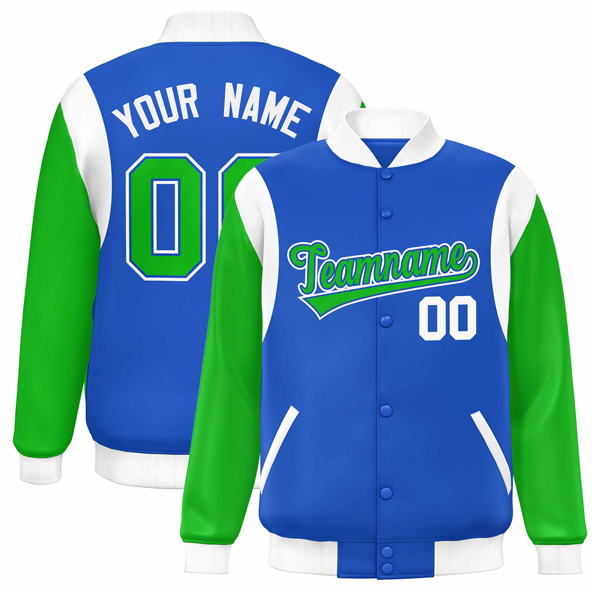 Custom Blue Kelly Green-White Color Block Bomber Varsity Full-Snap Baseball Jacket