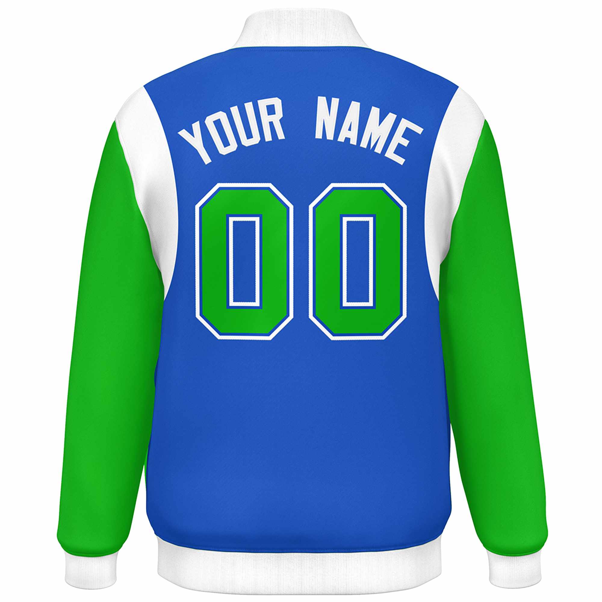 Custom Blue Kelly Green-White Color Block Bomber Varsity Full-Snap Baseball Jacket