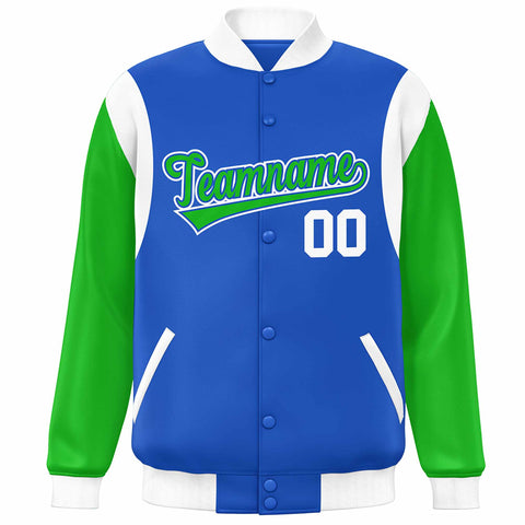 Custom Blue Kelly Green-White Color Block Bomber Varsity Full-Snap Baseball Jacket