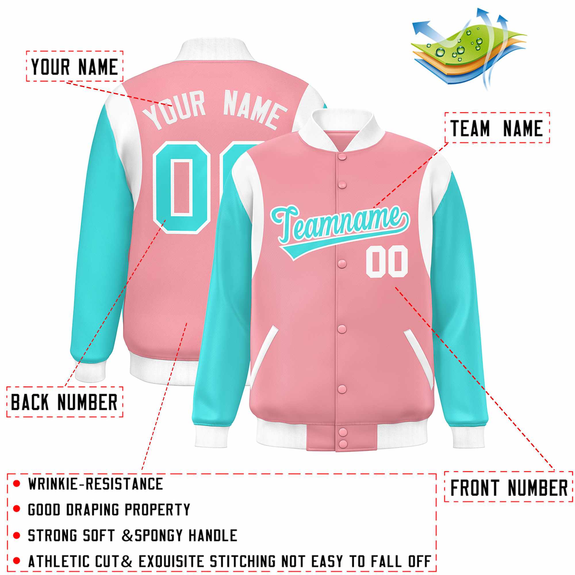 Custom Pink Aqua-White Color Block Bomber Varsity Full-Snap Baseball Jacket