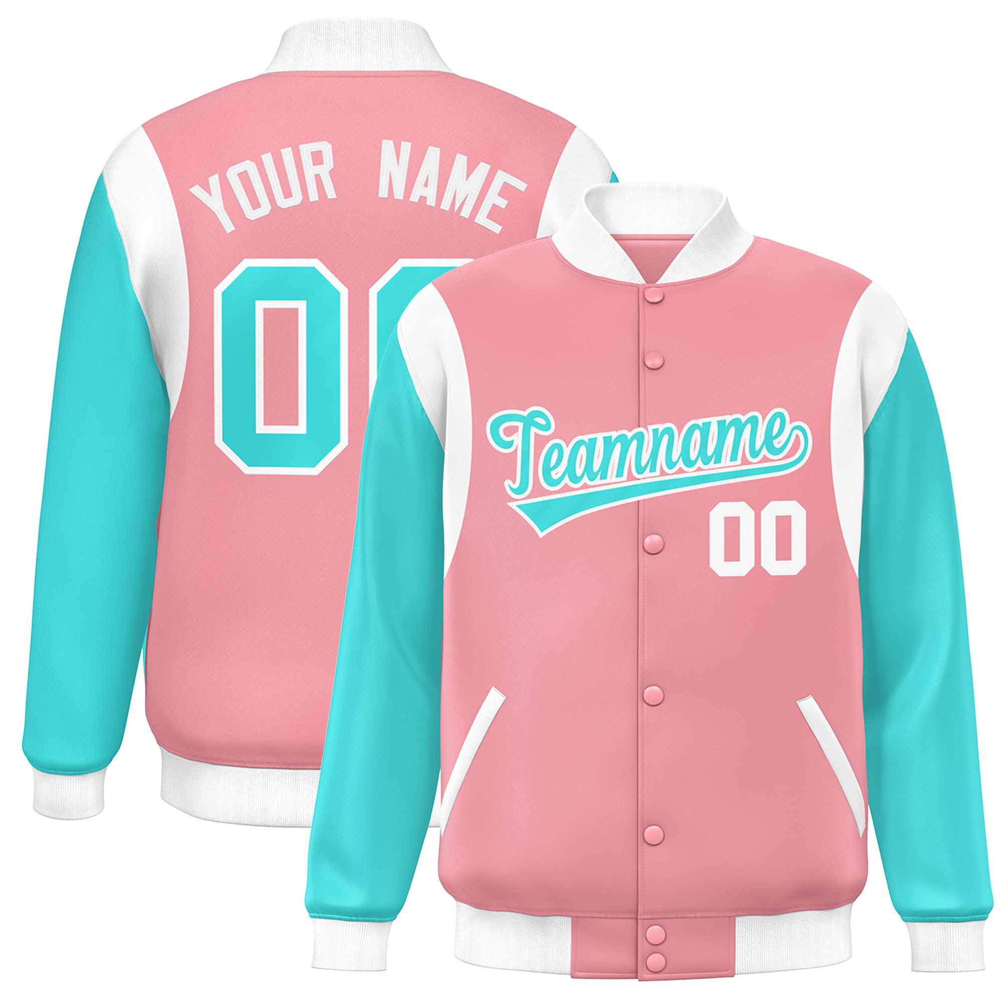 Custom Pink Aqua-White Color Block Bomber Varsity Full-Snap Baseball Jacket