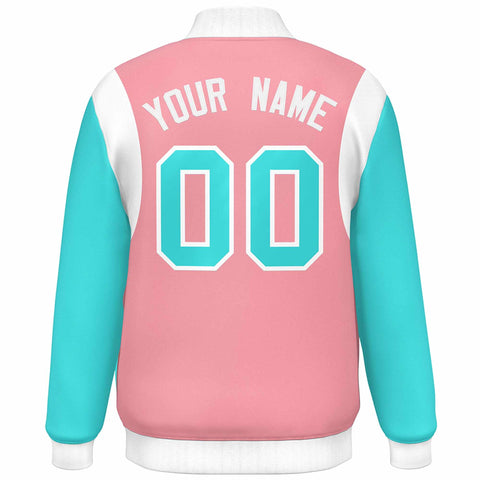 Custom Pink Aqua-White Color Block Bomber Varsity Full-Snap Baseball Jacket