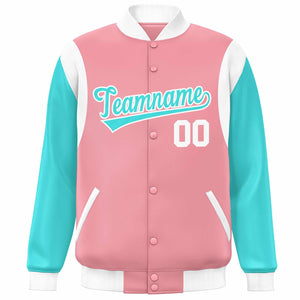 Custom Pink Aqua-White Color Block Bomber Varsity Full-Snap Baseball Jacket