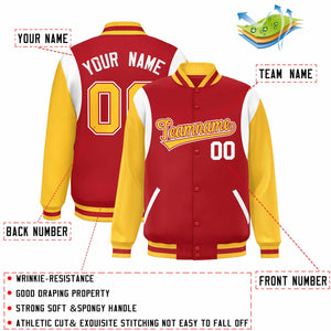 Custom Red Yellow-White Color Block Bomber Varsity Full-Snap Baseball Jacket