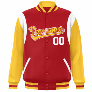 Custom Red Yellow-White Color Block Bomber Varsity Full-Snap Baseball Jacket