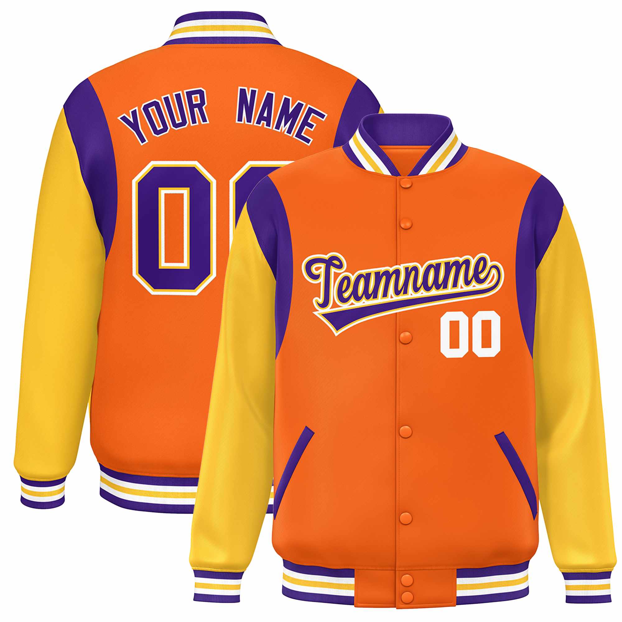 Custom Orange Yellow-Purple Color Block Bomber Varsity Full-Snap Baseball Jacket