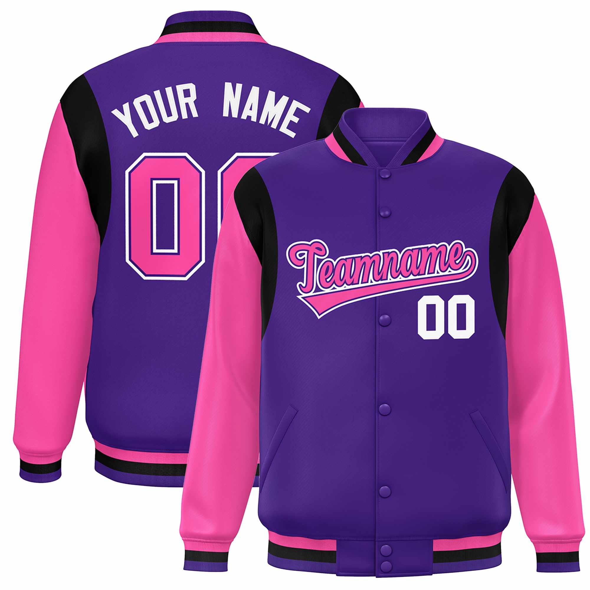 Custom Purple Pink-White Color Block Bomber Varsity Full-Snap Baseball Jacket