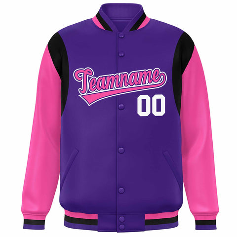 Custom Purple Pink-White Color Block Bomber Varsity Full-Snap Baseball Jacket