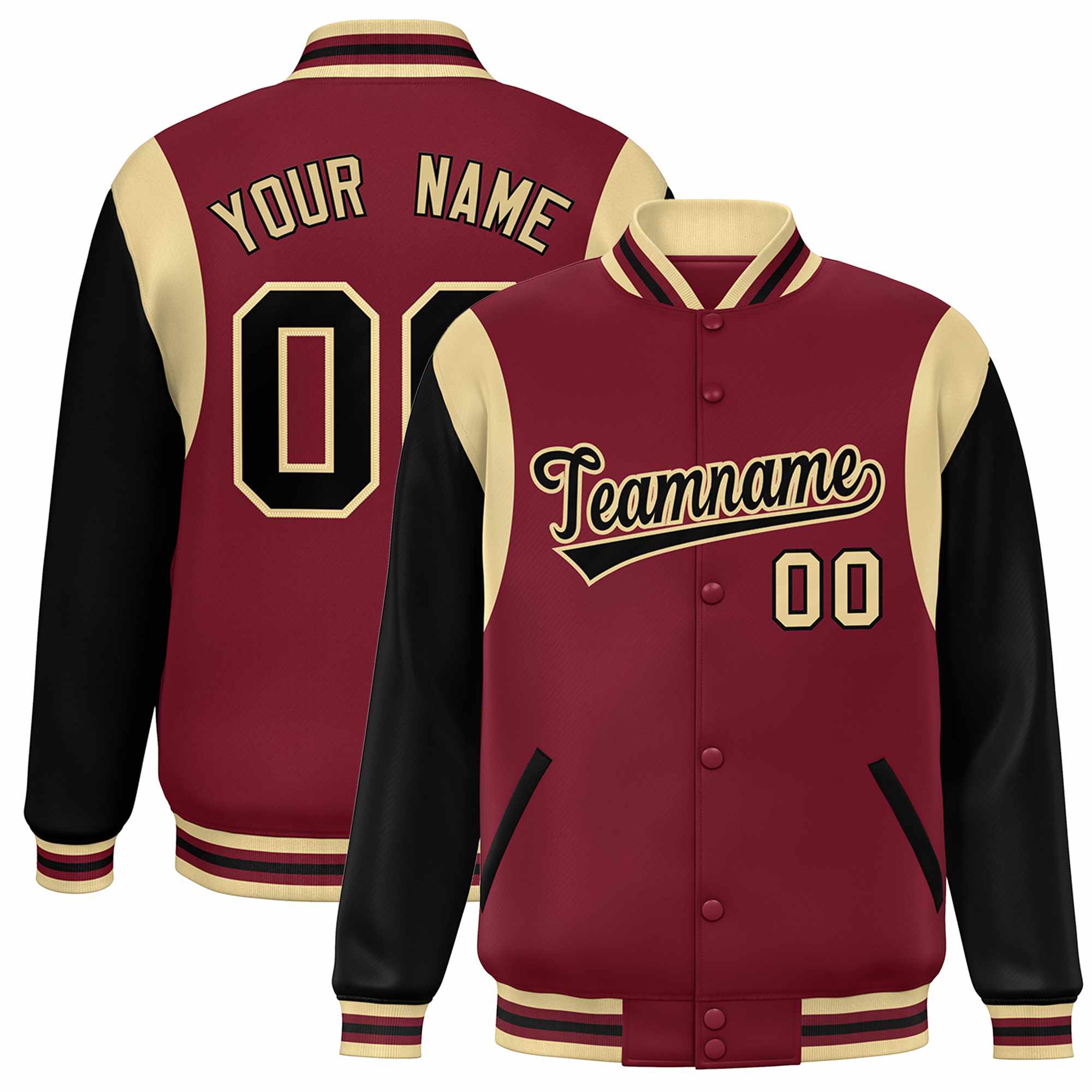 Custom Crimson Black-Khaki Color Block Bomber Varsity Full-Snap Baseball Jacket