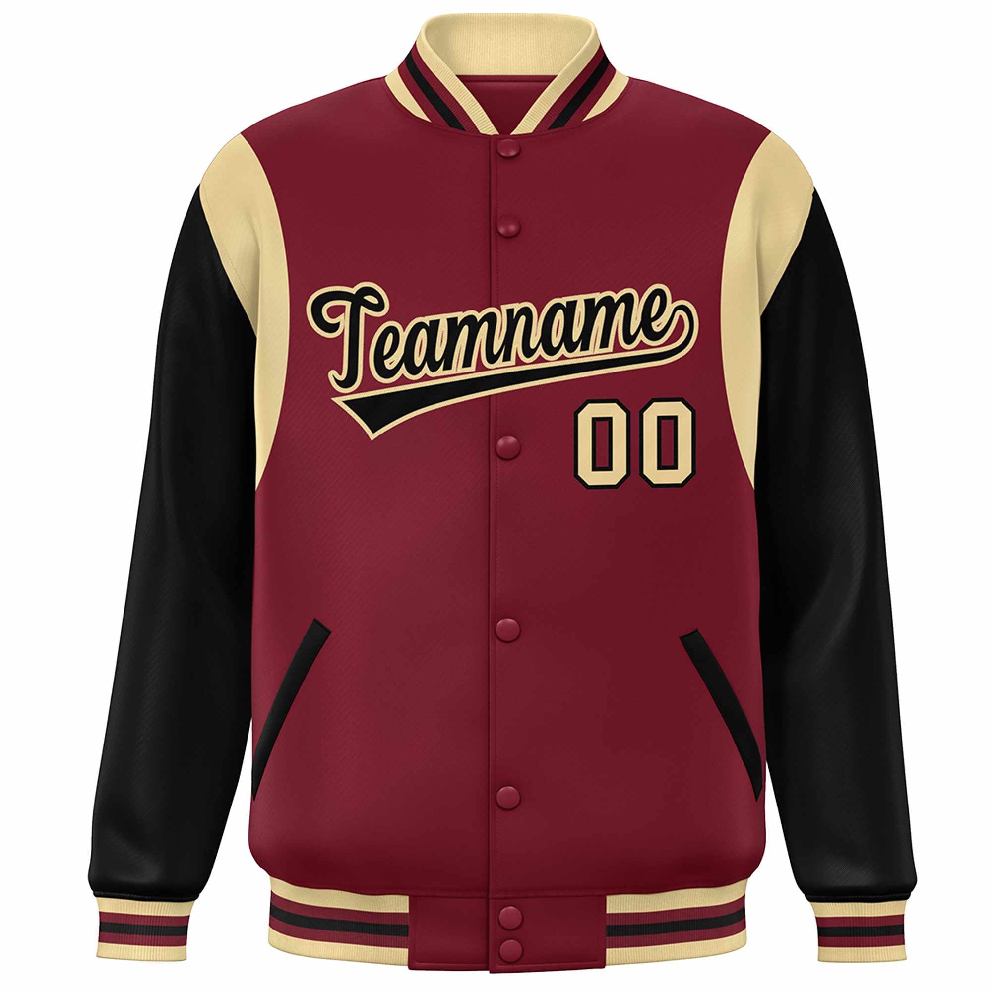 Custom Crimson Black-Khaki Color Block Bomber Varsity Full-Snap Baseball Jacket