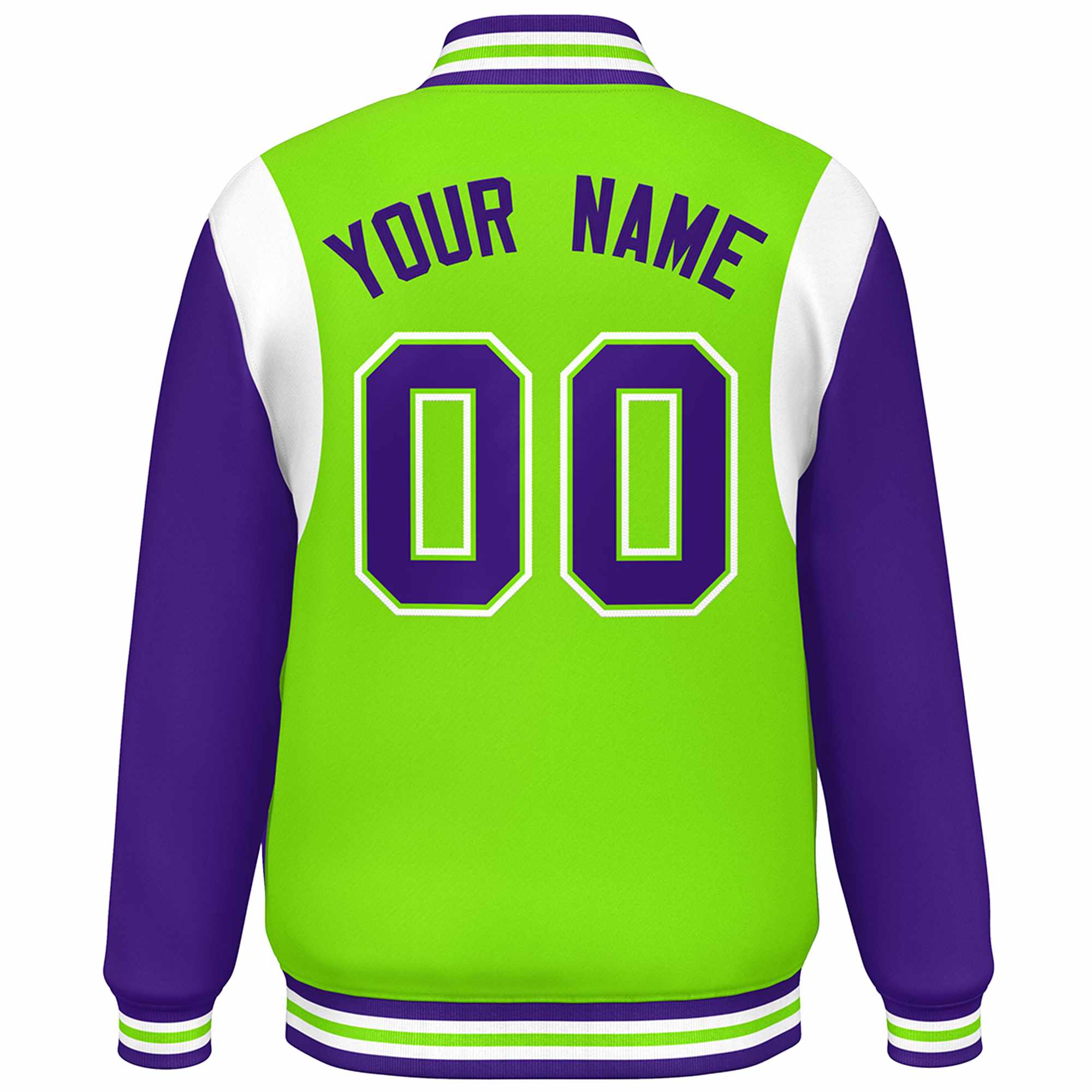 Custom Neon Green Purple-White Color Block Bomber Varsity Full-Snap Baseball Jacket