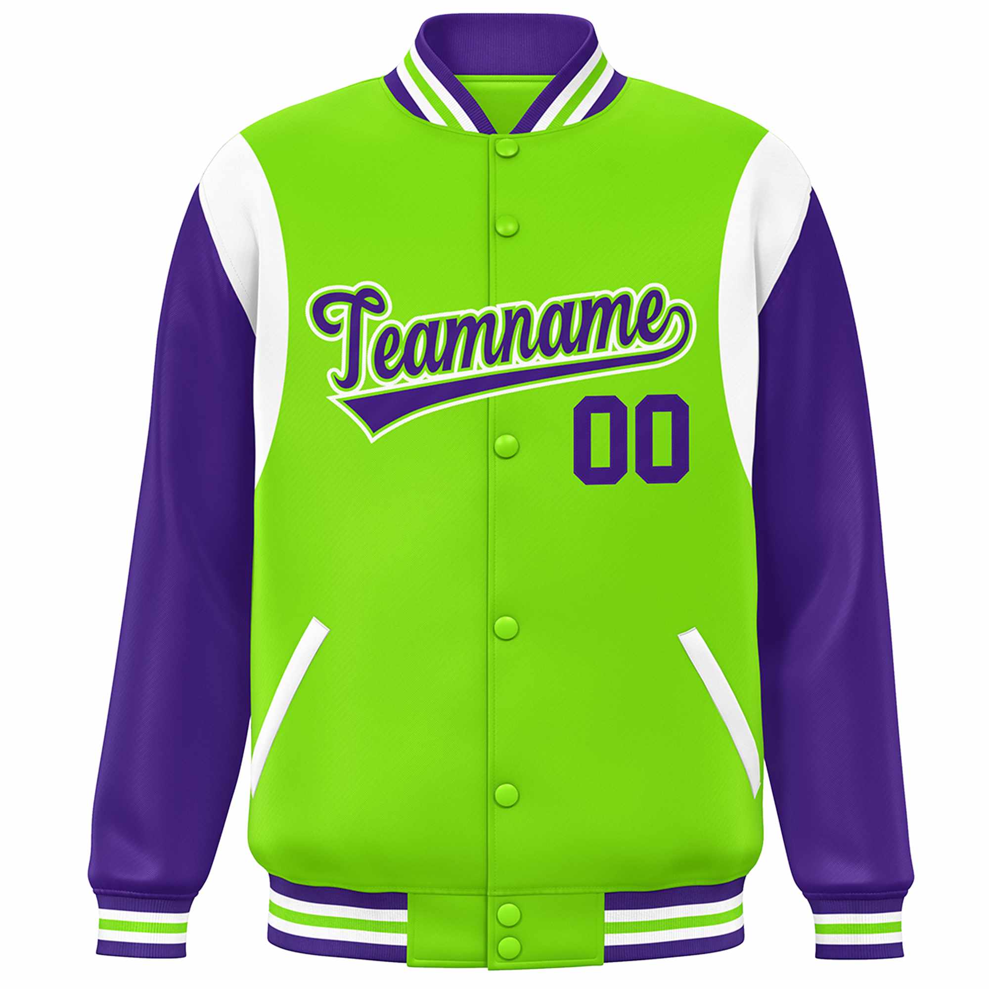 Custom Neon Green Purple-White Color Block Bomber Varsity Full-Snap Baseball Jacket