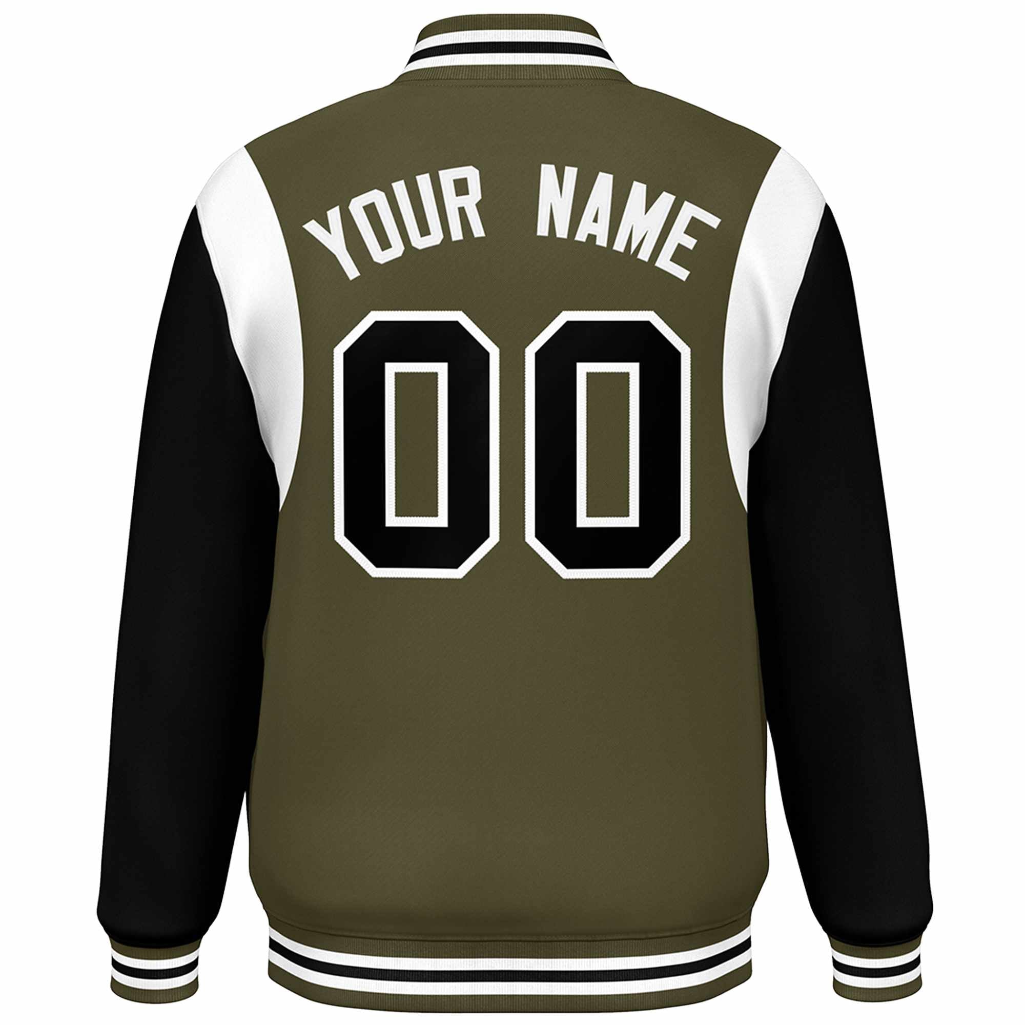 Custom Olive Black-White Color Block Bomber Varsity Full-Snap Baseball Jacket