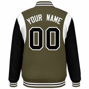 Custom Olive Black-White Color Block Bomber Varsity Full-Snap Baseball Jacket