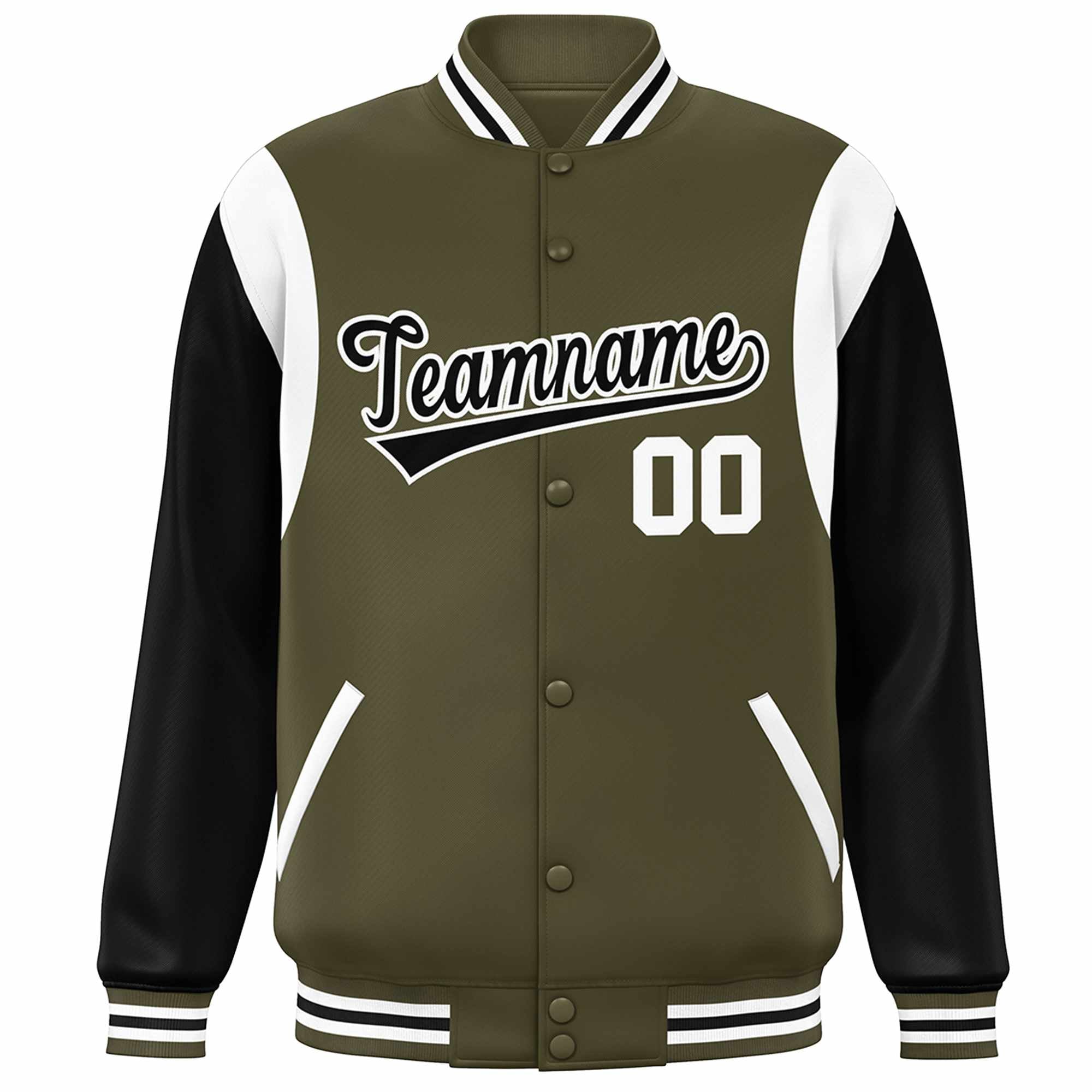 Custom Olive Black-White Color Block Bomber Varsity Full-Snap Baseball Jacket